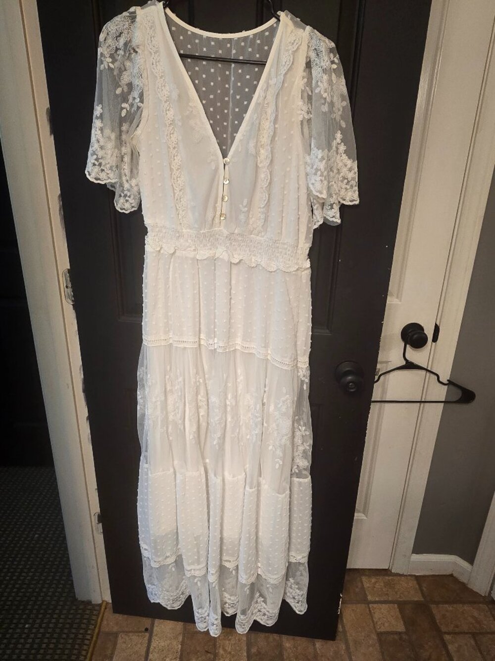 White Swiss dot lace tiered maxi dress